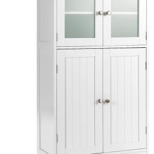 Bathroom Floor , Freestanding Storage  w/Glass Doors, Wood Kitchen Cupboard w/Adjustable Shelf, Bathroom Storage  for Hallway Living Room Office (s, White)