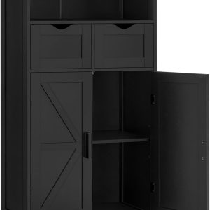 Bathroom , Floor  with 2 Doors & 2 Drawers, Bathroom Storage  with Adjustable Shelf, Freestanding  Storage Organizer for Living Room, Hallway, Black