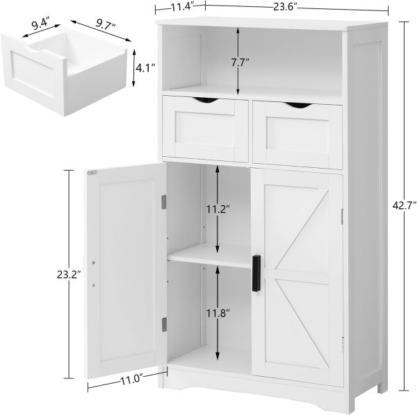 Bathroom , Storage  with 2 Doors & 2 Drawers, Bathroom Floor  with Adjustable Shelf, Freestanding Storage Organizer for Living Room, Hallway, White - Image 3