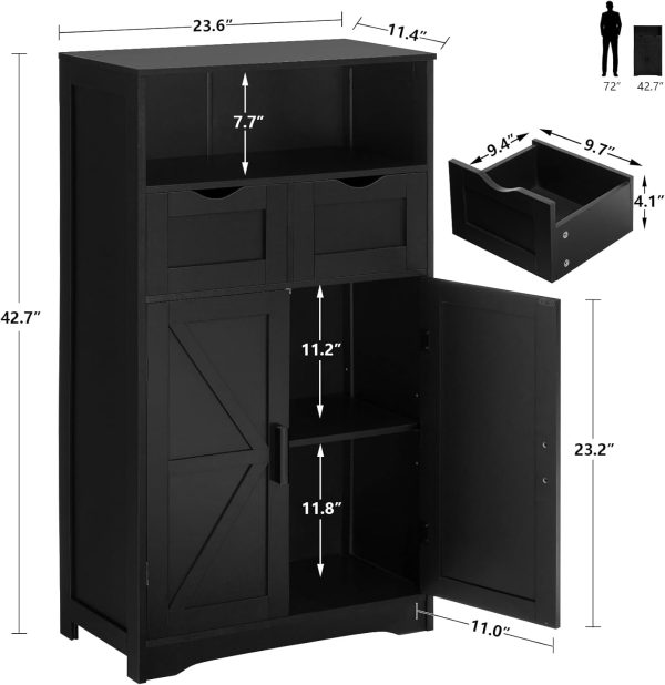 Bathroom , Floor  with 2 Doors & 2 Drawers, Bathroom Storage  with Adjustable Shelf, Freestanding  Storage Organizer for Living Room, Hallway, Black - Image 3