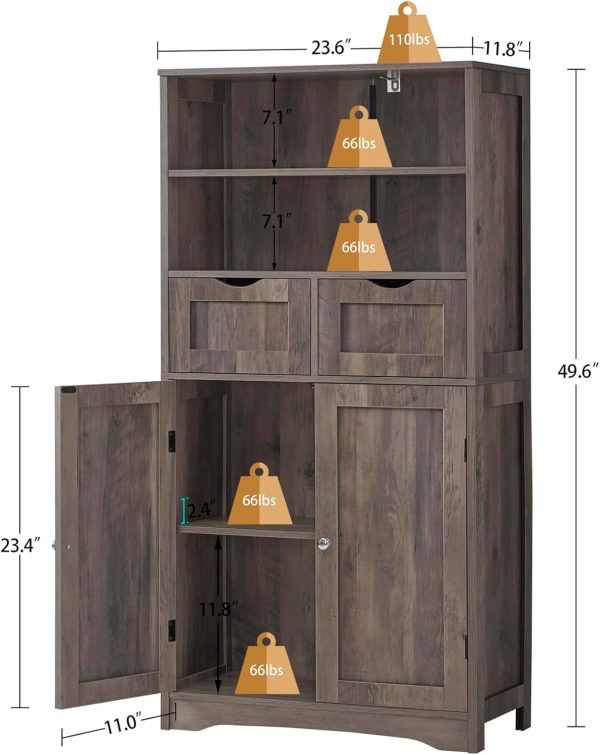 Tall Storage  with 2 Drawers & Adjustable Shelves, Bathroom  with Doors, Cupboard, Floor  for Living Room, Dining Room, Entryway, Rustic Gray - Image 3