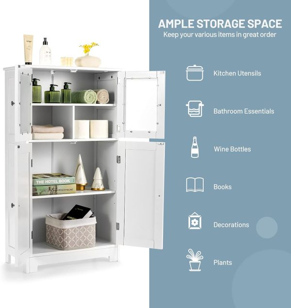 Bathroom Floor , Freestanding Storage  w/Glass Doors, Wood Kitchen Cupboard w/Adjustable Shelf, Bathroom Storage  for Hallway Living Room Office (s, White) - Image 9
