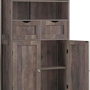 Tall Storage  with 2 Drawers & Adjustable Shelves, Bathroom  with Doors, Cupboard, Floor  for Living Room, Dining Room, Entryway, Rustic Gray