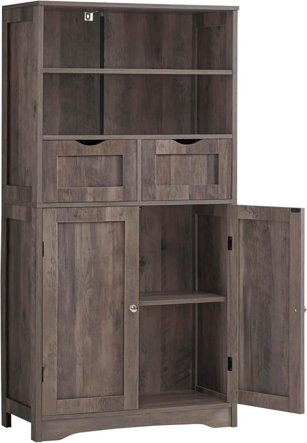 Tall Storage  with 2 Drawers & Adjustable Shelves, Bathroom  with Doors, Cupboard, Floor  for Living Room, Dining Room, Entryway, Rustic Gray