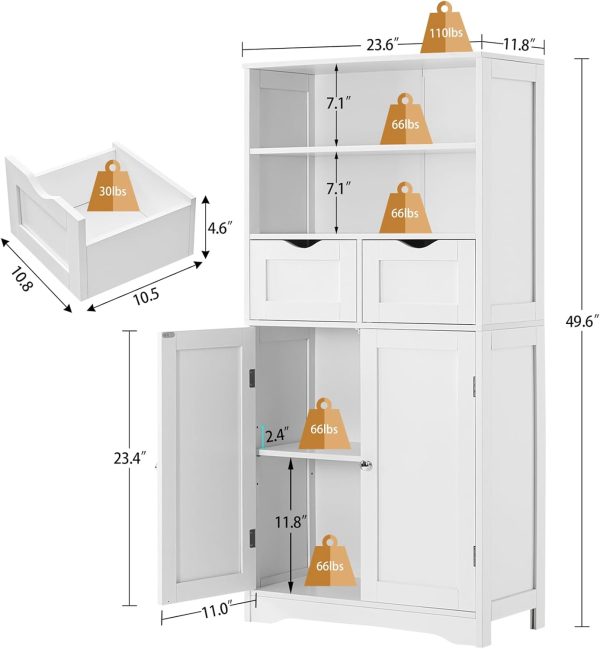 Tall Bathroom , Storage  with 2 Drawers & Adjustable Shelves, Bathroom Storage  for Living Room, Dining Room, Entryway, White - Image 3