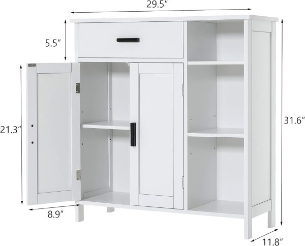 Bathroom , Floor Storage  with Doors and Shelves, Coffee Bar  with Drawer, Modern Organizer  for Living Room, Bathroom, Kitchen, White - Image 3