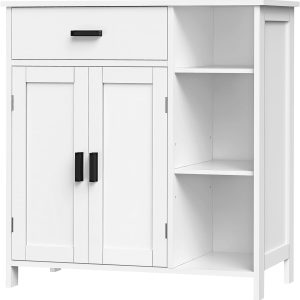 Bathroom , Floor Storage  with Doors and Shelves, Coffee Bar  with Drawer, Modern Organizer  for Living Room, Bathroom, Kitchen, White