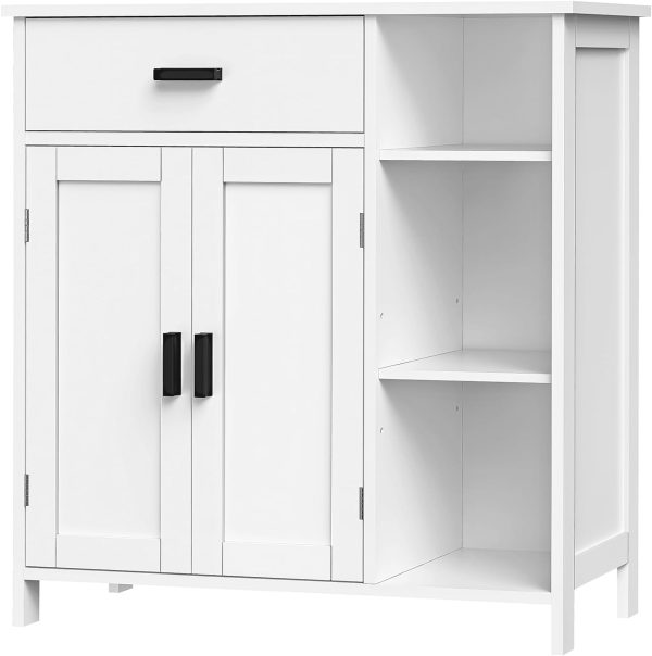 Bathroom , Floor Storage  with Doors and Shelves, Coffee Bar  with Drawer, Modern Organizer  for Living Room, Bathroom, Kitchen, White