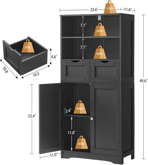 Tall Bathroom , Storage  with 2 Drawers & Adjustable Shelves, Bathroom Storage  for Living Room, Dining Room, Entryway, Black - Image 3