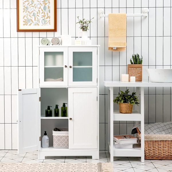 Bathroom Floor , Freestanding Storage  w/Glass Doors, Wood Kitchen Cupboard w/Adjustable Shelf, Bathroom Storage  for Hallway Living Room Office (s, White) - Image 2
