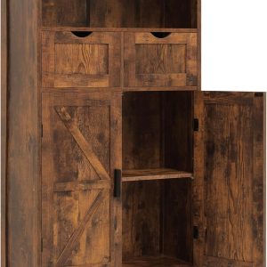 Storage  with 2 Adjustable Drawers & 2 Barn Doors, Floor , Freestanding Cupboard with Adjustable Shelf, for Living Room, Home Office, Kitchen, Rustic Brown