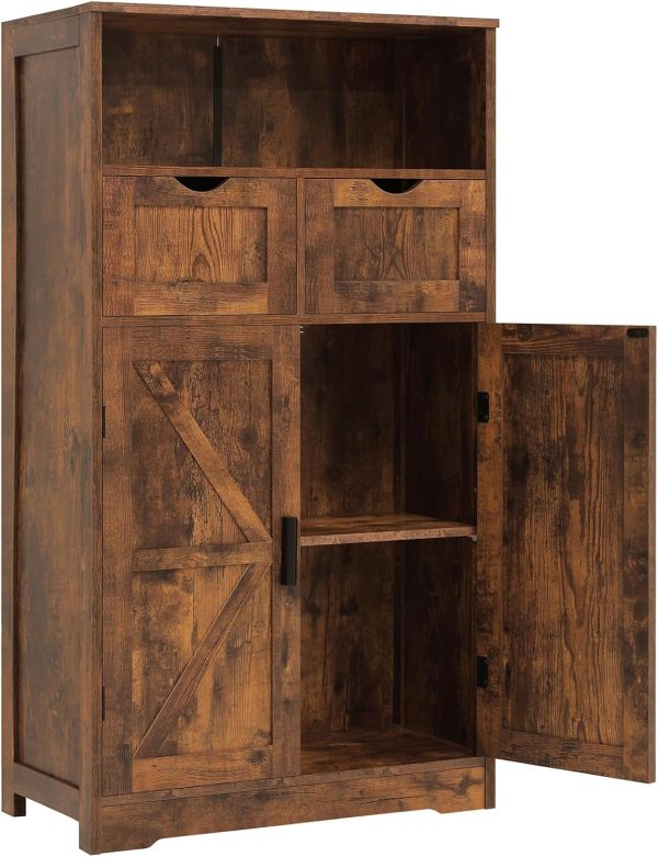 Storage  with 2 Adjustable Drawers & 2 Barn Doors, Floor , Freestanding Cupboard with Adjustable Shelf, for Living Room, Home Office, Kitchen, Rustic Brown