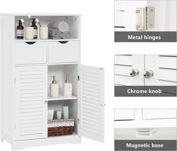 Bathroom , Storage  with 2 Drawers & 2 Shutter Doors, Floor  with Adjustable Shelf, for Living Room, Hallway, Home Office, White - Image 5