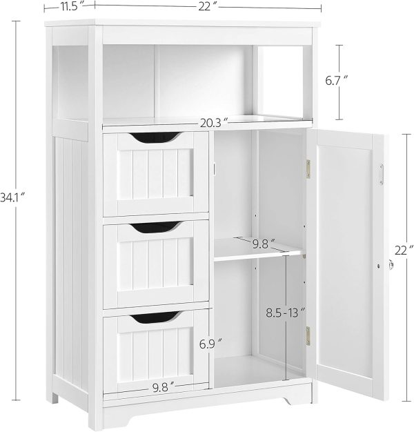 Bathroom Floor   Storage Organizer with 1 Door and 3 Drawers, Free-Standing Cupboard for Bathroom/Entryway/Living Room, White - Image 3