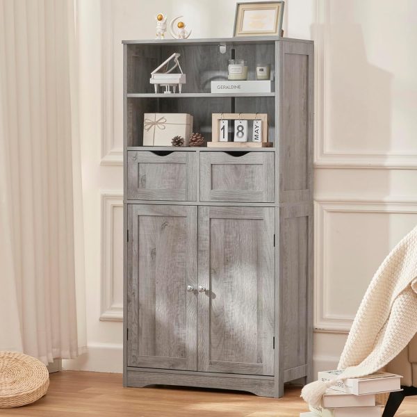 Tall Storage  with 2 Drawers & Adjustable Shelves, Bathroom  with Doors, Cupboard, Floor  for Living Room, Dining Room, Entryway, Grey - Image 5