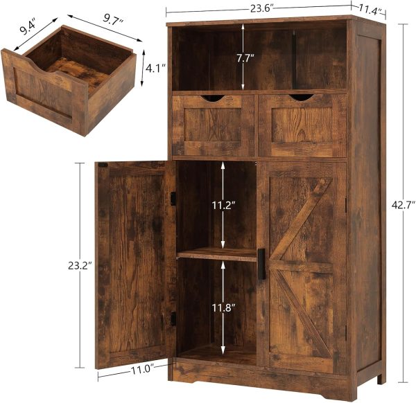 Storage  with 2 Adjustable Drawers & 2 Barn Doors, Floor , Freestanding Cupboard with Adjustable Shelf, for Living Room, Home Office, Kitchen, Rustic Brown - Image 3