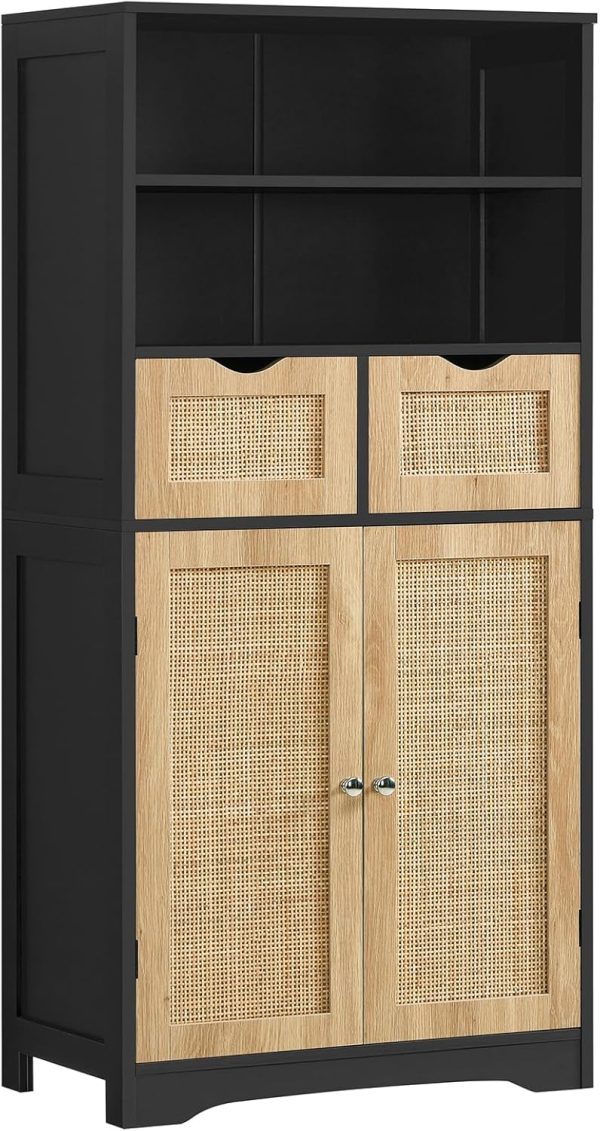 Storage ,   with 2 Drawers & Adjustable Shelf, Accent  for Living Room, Dining Room, Home Office, Natural +Black
