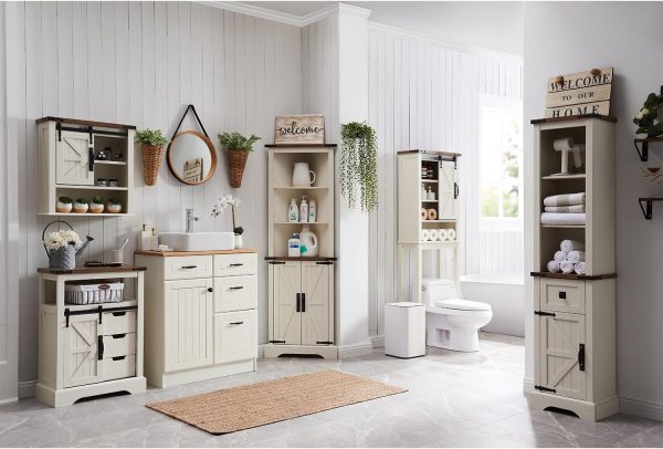 Bathroom Floor ,  Storage  with Sliding Barn Door & Storage Drawers, Small Storage  for Bathroom, Kitchen, Living Room, Rustic Oak with Antique White - Image 3