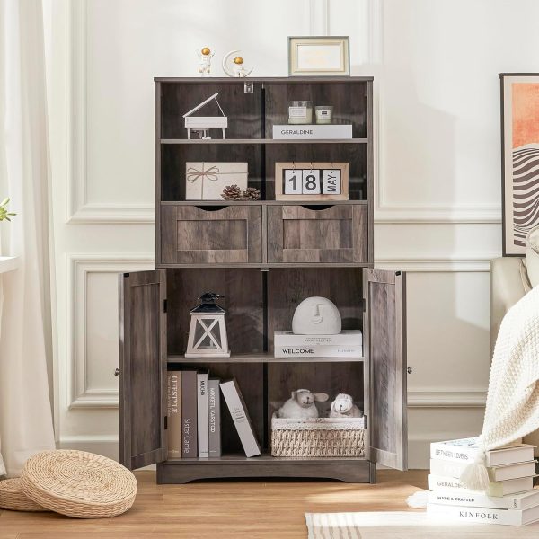 Tall Storage  with 2 Drawers & Adjustable Shelves, Bathroom  with Doors, Cupboard, Floor  for Living Room, Dining Room, Entryway, Rustic Gray - Image 2