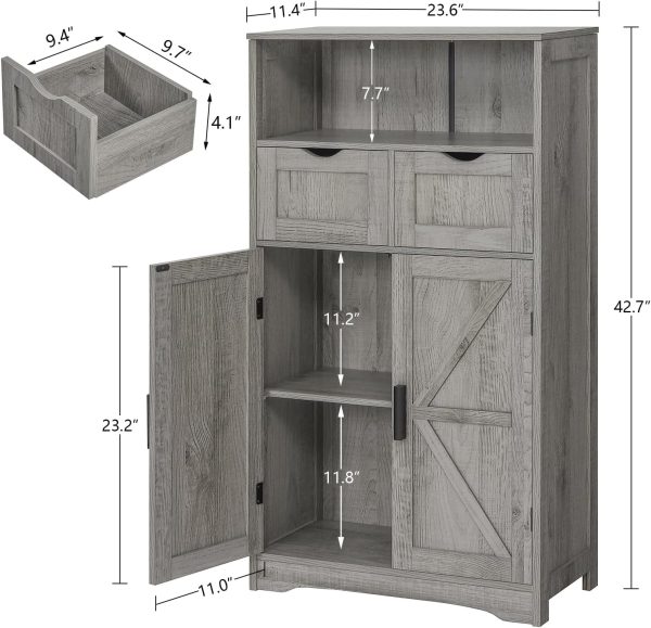 Bathroom , Storage  with 2 Adjustable Drawers & 2 Barn Doors, Standing Cupboard with 2 Shelf, Floor  for Living Room, Home Office, Kitchen, Grey - Image 3
