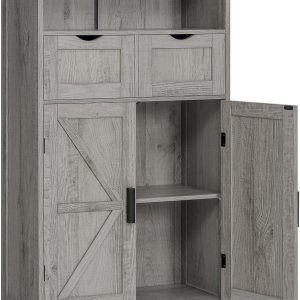 Bathroom , Storage  with 2 Adjustable Drawers & 2 Barn Doors, Standing Cupboard with 2 Shelf, Floor  for Living Room, Home Office, Kitchen, Grey