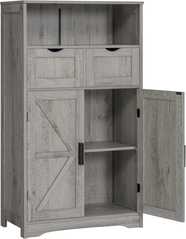 Bathroom , Storage  with 2 Adjustable Drawers & 2 Barn Doors, Standing Cupboard with 2 Shelf, Floor  for Living Room, Home Office, Kitchen, Grey