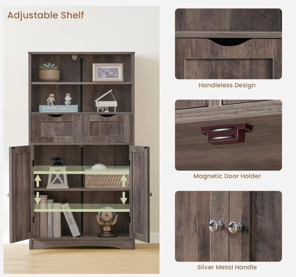Tall Storage  with 2 Drawers & Adjustable Shelves, Bathroom  with Doors, Cupboard, Floor  for Living Room, Dining Room, Entryway, Rustic Gray - Image 6