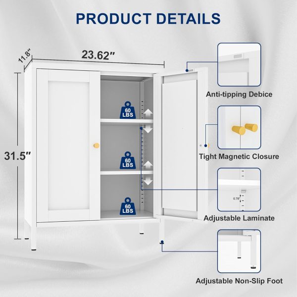 Bathroom Storage , Metal Storage  with 2 Adjustable Shelves & 2 Doors,Freestanding Sideboard  for Small Spaces, Living Room, Home Office, Dining Room,White - Image 2