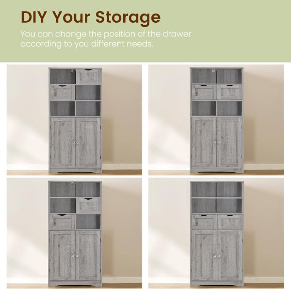 Tall Storage  with 2 Drawers & Adjustable Shelves, Bathroom  with Doors, Cupboard, Floor  for Living Room, Dining Room, Entryway, Grey - Image 6