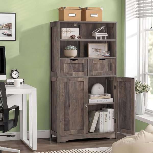 Tall Storage  with 2 Drawers & Adjustable Shelves, Bathroom  with Doors, Cupboard, Floor  for Living Room, Dining Room, Entryway, Rustic Gray - Image 4