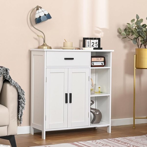 Bathroom , Floor Storage  with Doors and Shelves, Coffee Bar  with Drawer, Modern Organizer  for Living Room, Bathroom, Kitchen, White - Image 4