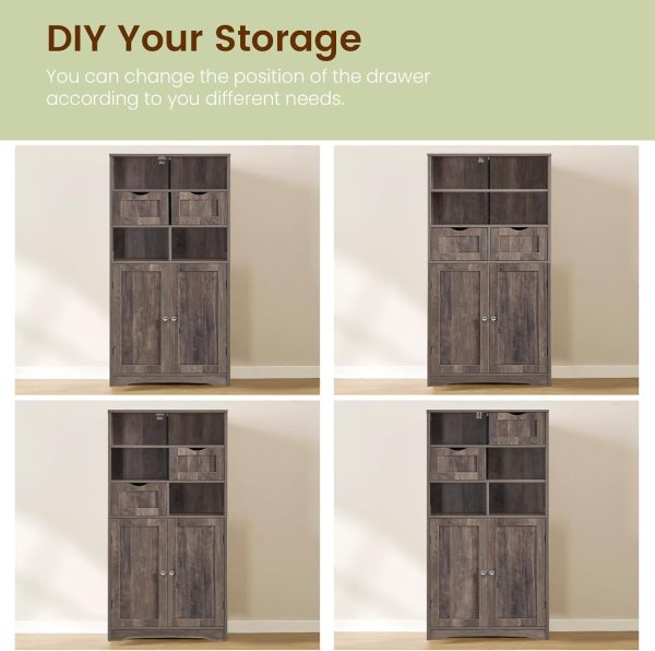 Tall Storage  with 2 Drawers & Adjustable Shelves, Bathroom  with Doors, Cupboard, Floor  for Living Room, Dining Room, Entryway, Rustic Gray - Image 5