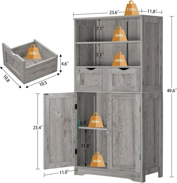 Tall Storage  with 2 Drawers & Adjustable Shelves, Bathroom  with Doors, Cupboard, Floor  for Living Room, Dining Room, Entryway, Grey - Image 3