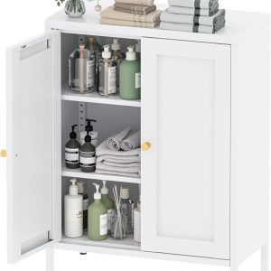 Bathroom Storage , Metal Storage  with 2 Adjustable Shelves & 2 Doors,Freestanding Sideboard  for Small Spaces, Living Room, Home Office, Dining Room,White