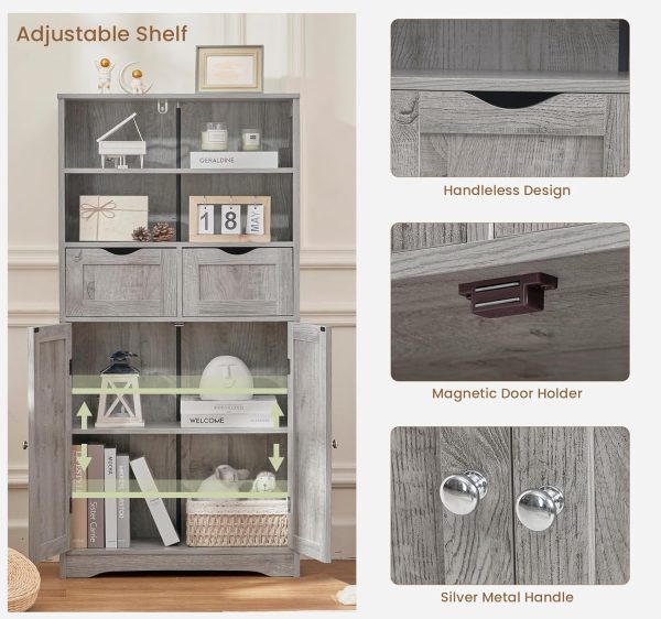 Tall Storage  with 2 Drawers & Adjustable Shelves, Bathroom  with Doors, Cupboard, Floor  for Living Room, Dining Room, Entryway, Grey - Image 9