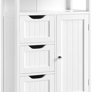 Bathroom Floor   Storage Organizer with 1 Door and 3 Drawers, Free-Standing Cupboard for Bathroom/Entryway/Living Room, White