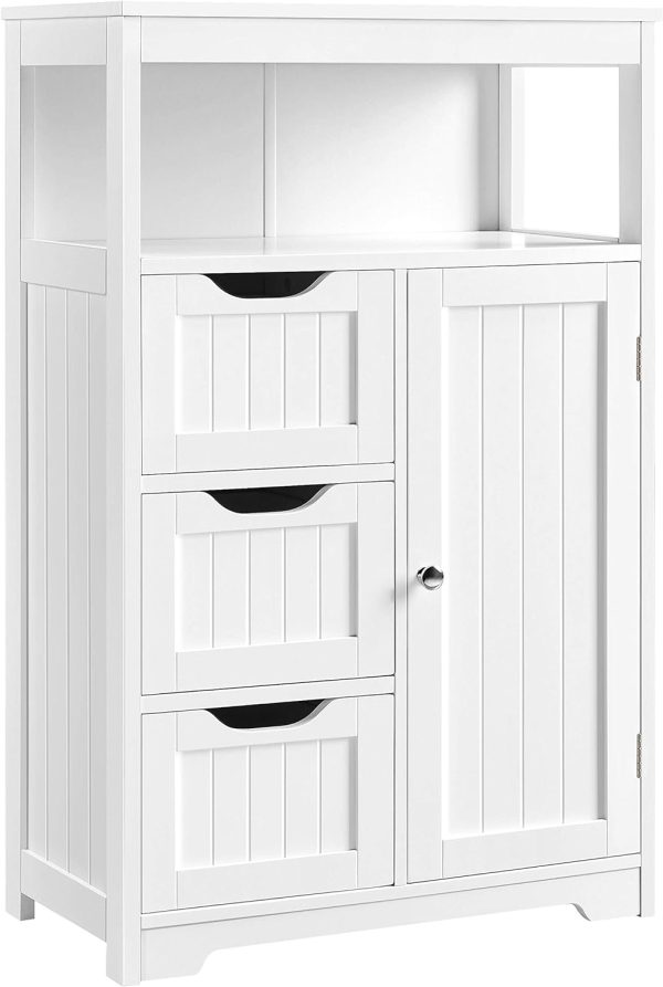 Bathroom Floor   Storage Organizer with 1 Door and 3 Drawers, Free-Standing Cupboard for Bathroom/Entryway/Living Room, White