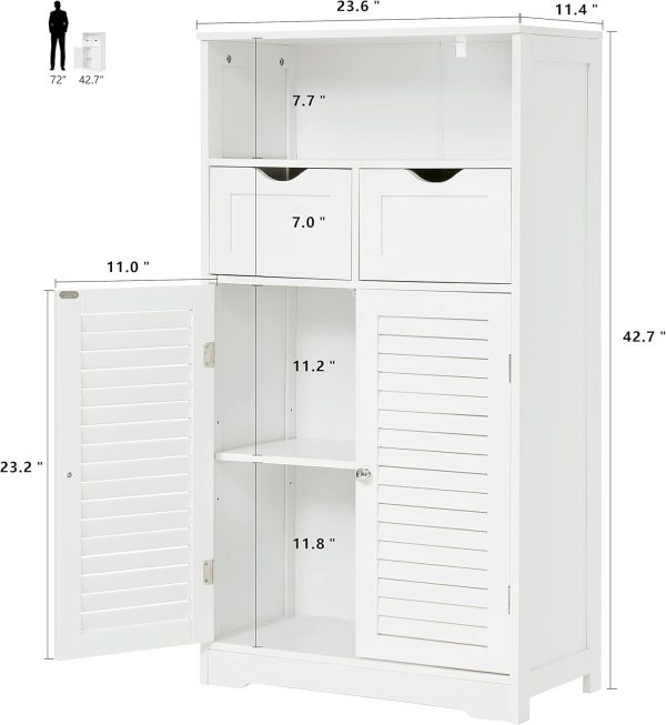 Bathroom , Storage  with 2 Drawers & 2 Shutter Doors, Floor  with Adjustable Shelf, for Living Room, Hallway, Home Office, White - Image 3
