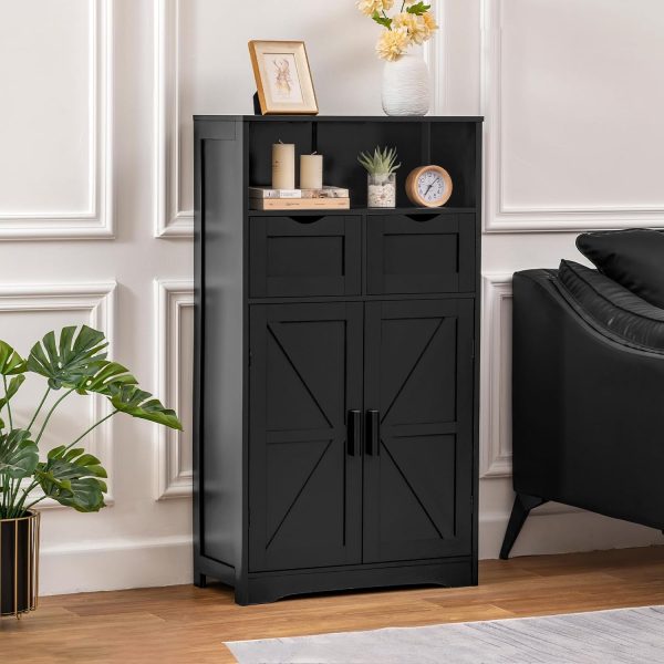 Bathroom , Floor  with 2 Doors & 2 Drawers, Bathroom Storage  with Adjustable Shelf, Freestanding  Storage Organizer for Living Room, Hallway, Black - Image 4