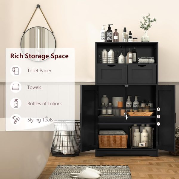 Bathroom , Floor  with 2 Doors & 2 Drawers, Bathroom Storage  with Adjustable Shelf, Freestanding  Storage Organizer for Living Room, Hallway, Black - Image 6