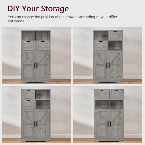 Bathroom , Storage  with 2 Adjustable Drawers & 2 Barn Doors, Standing Cupboard with 2 Shelf, Floor  for Living Room, Home Office, Kitchen, Grey - Image 6