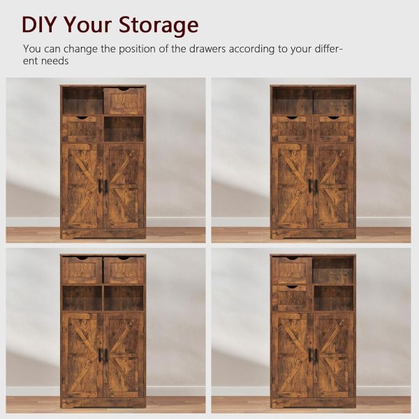 Storage  with 2 Adjustable Drawers & 2 Barn Doors, Floor , Freestanding Cupboard with Adjustable Shelf, for Living Room, Home Office, Kitchen, Rustic Brown - Image 6