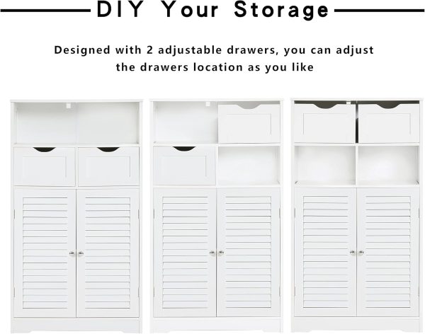Bathroom , Storage  with 2 Drawers & 2 Shutter Doors, Floor  with Adjustable Shelf, for Living Room, Hallway, Home Office, White - Image 7