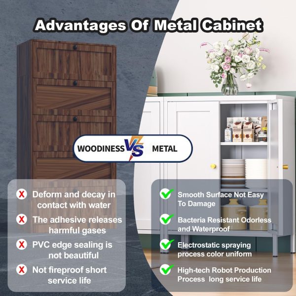 Bathroom Storage , Metal Storage  with 2 Adjustable Shelves & 2 Doors,Freestanding Sideboard  for Small Spaces, Living Room, Home Office, Dining Room,White - Image 5