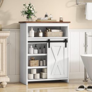 Bathroom Floor  with Doors, Bathroom Storage  with Sliding Barn Door and Adjustable Shelves for Bathroom, Living Room, Entryway, Kitchen??White
