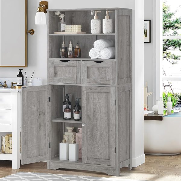 Tall Storage  with 2 Drawers & Adjustable Shelves, Bathroom  with Doors, Cupboard, Floor  for Living Room, Dining Room, Entryway, Grey - Image 2