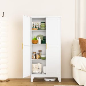 Metal Kitchen Pantry Storage  with 2 Doors and 3 Adjustable Shelves,Pantry  with Adjustable Leveling Foot for Kitchen, Living Room, Dining Room??White??