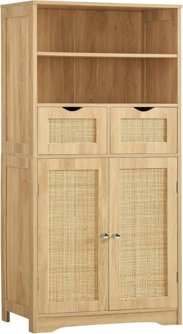 Tall Storage ,   with 2 Drawers & Adjustable Shelf, Accent  for Living Room, Dining Room, Home Office, Natural