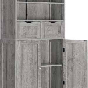 Tall Storage  with 2 Drawers & Adjustable Shelves, Bathroom  with Doors, Cupboard, Floor  for Living Room, Dining Room, Entryway, Grey