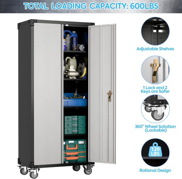 Storage  with Wheels,72" Metal Storage  with 2 Doors and 4 Adjustable Shelves, Lockable Rolling ,Home Office Metal Utility  for ,Assembly Required - Image 7